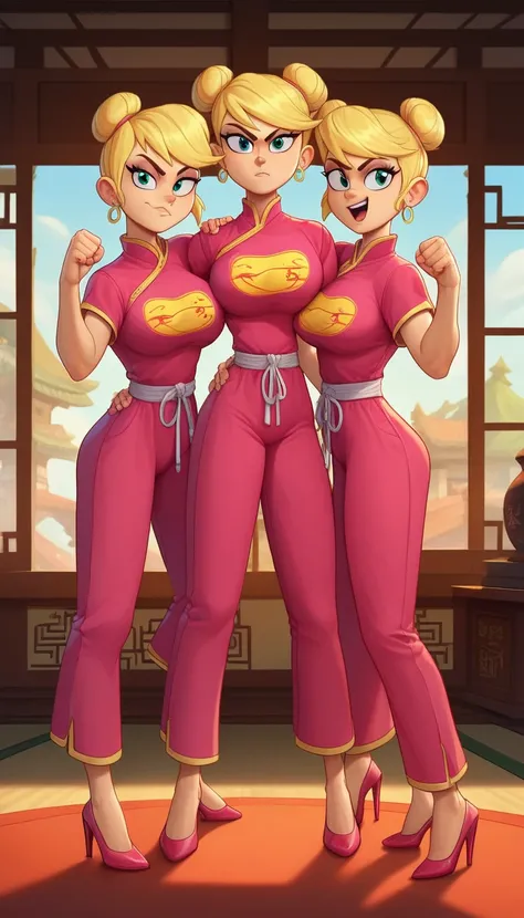 lola loud, 3girl, trio, 24yo girl, large breasts, pink cheongsam,  inside of a chinese temple, looking at viewer, blonde hair, two hair buns , hands  score_9, score_8_up, score_7_up, high heels, teep fighting stance,martial arts, triplets, long pants, pant...