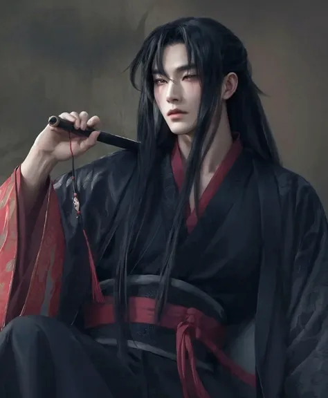 arafed image of a woman in a black and red kimono, handsome japanese demon boy, beautiful male god of death, by Yang J, handsome guy in demon slayer art, heise jinyao, inspired by Wu Daozi, inspired by Guan Daosheng, flowing hair and long robes, beautiful ...