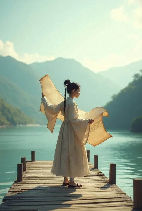  a girl holding a large scroll on a pier