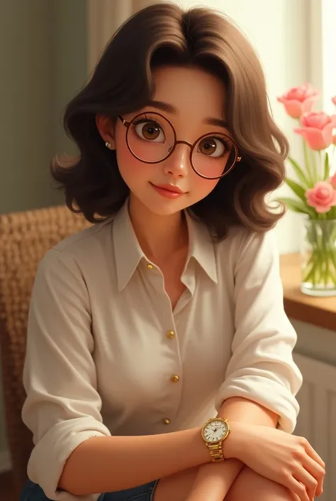 A Pixar-style woman, realistic, young, beautiful, rounded, detailed features, delicate honey-colored eyes, brown glasses, wavy and large hair, dressed in a white blouse with a high collar, tight arms, she wears a gold watch, her face is harmonious, she is ...