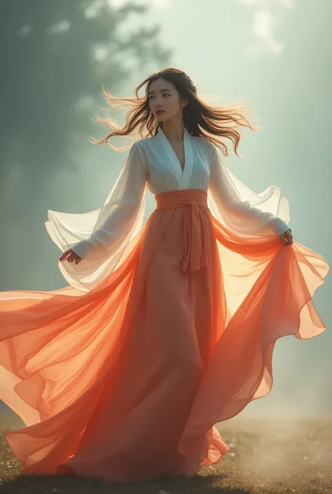 Full photo of a dark Hanbok with the girls hair shining in the wind and flying in Hanbok from afar
Holding the end of Hanbok in hand