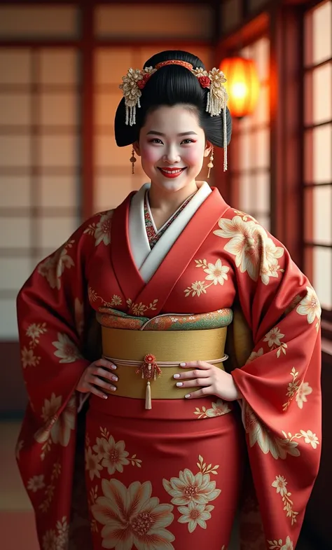 photorealistic full body photo of plus size geisha girl, brunette girl,(art by Leonid Afremov:1.2), (elegant pose:1.5),(hands on hips:1.5), (smile:1.2),(realistic:1.5),high quality,(lovely) ,intricate detailed kimono, ((highly detailed kimono )), paired wi...