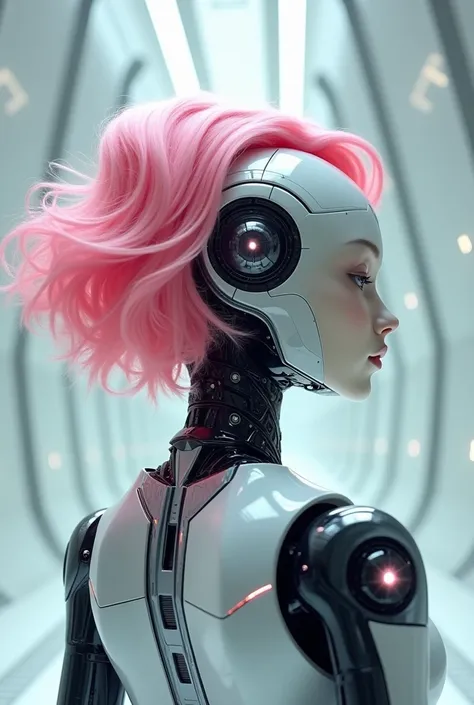 A beautiful super futuristic robot with short wavy pink hair,