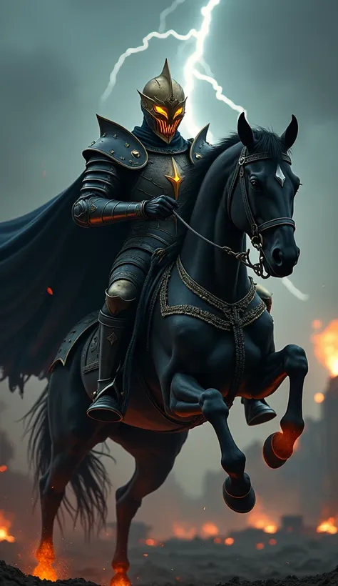 K, detail, apocalyptic, lightning, darkened sky a dark knight with golden mask and burning eyes, shiny black epic armor and macabre details, mounted on a jumping horse, horse with burning eyes and black with dark armor, post apocalyptic senario in the back...