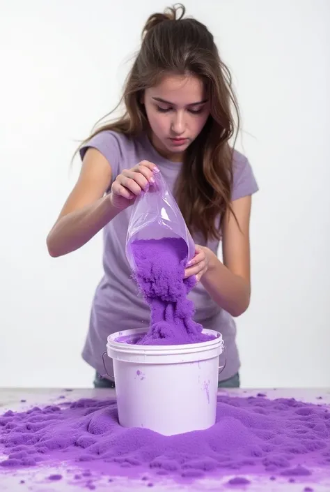 17-year-old girl playing
A purple bag of dye to a white bucket with purple foam 