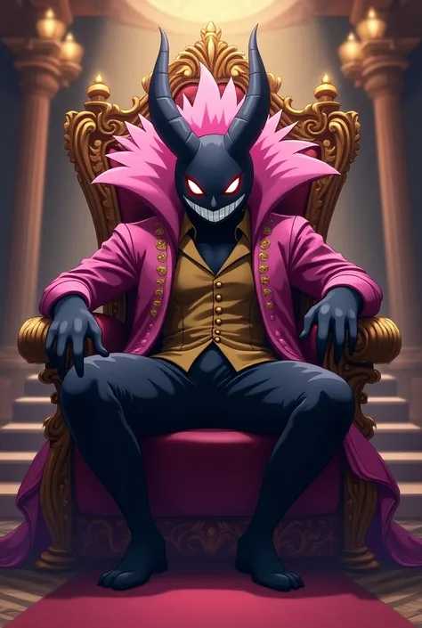 With maximum quality and details create an image in anime style of a gengar with doflamingo clothes sitting on a throne