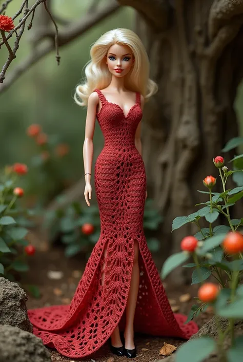 / imagine a beautiful Barbie doll wearing a crochet gala dress, 60&#39;s. Vintage.
 She wears black shoes and this one underneath .From a tree  