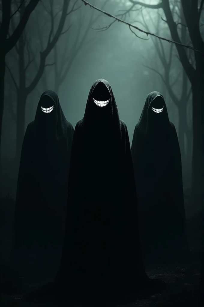 in a dark environment,  Im standing looking at 3 people in the form of black shadows, and they laugh ,  with a white smile 