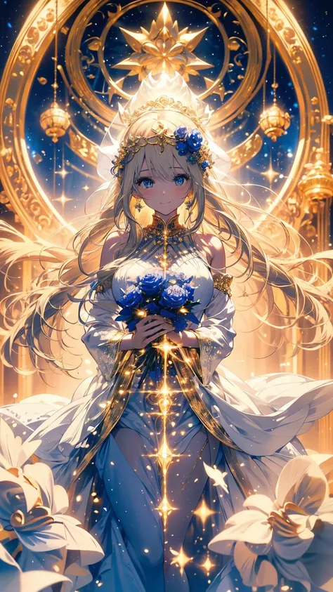 An angelic character with flowing blonde hair, Decorated with blue roses and gold.   She wears a delicate blue and white dress，Decorated with ruffles and ribbons. Her costume included a halo and huge white wings,  soft smile，Smile gently，Presenting celesti...