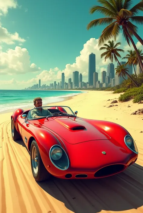 Draw a man driving a modern red car on a beach with a gulf with an abandoned city