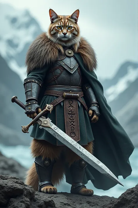 Write a text prompt of cat in Vikings suit 