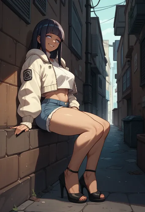 rating_explicit, hinata hyuuga, mature, brown skin, white cropped, fluffy jacket, sexy shorts, high heels, street alley, naughty smile