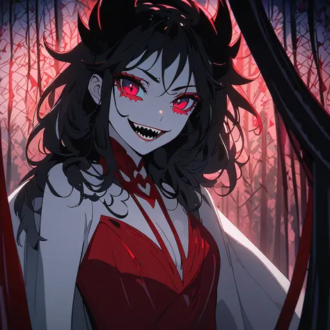  anime beautiful devil woman, Shark teeth grinning ,  long black hair with a curtain , Night woods ,  wear a long red dress, Eye,细节, 4K, Half-length close-up，front
