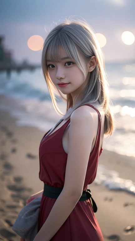  1 girl,  blonde hair, Grey Hair, Long Hair, bangs, Sparkling Eyes, Long eyelashes, The pupils shine, Compensate, smile, Depth odebt bounds written, debtrom below,  silhouette, debtrom behind,  wide shot, debt/1.4, 135mm, Canon, ndebtdebtsw, retina, Accura...