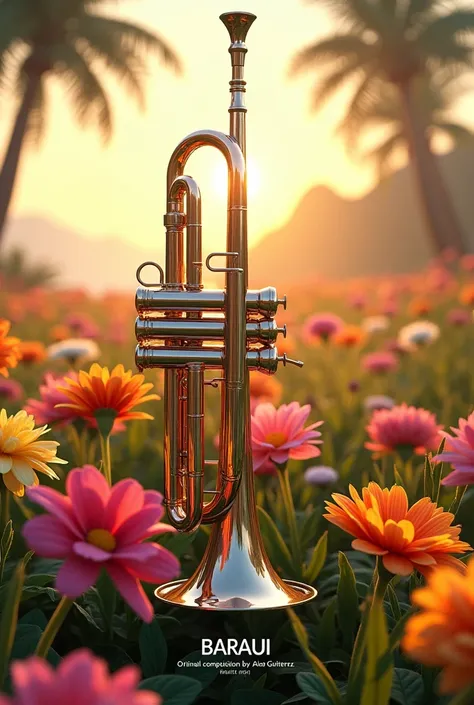 I want a realistic trumpet surrounded by flowers in a flowery and sunny field ,  and I want a title with white letters and a Hawaiian font that says in capital letters "BARAUI "  and that below says original composition by Alen Gutierrez and highlights the...