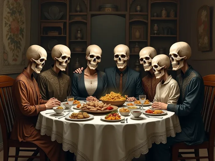 A husband and wife, 4 sons and a daughter, all with skull faces, dining at a family table. 