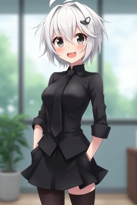 Create a cheerful anime girl with black eyes with short white hair and with a black office shirt with a short black skirt with a tie with black wool sports tights that cover half of her thighs and with big breasts