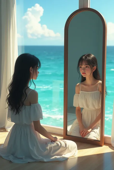 A girl looking in a mirror in a room with an ocean view 