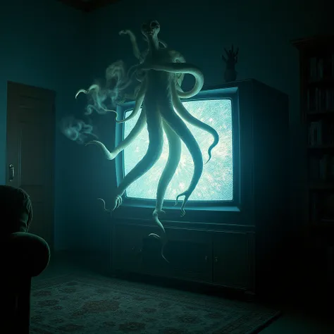 TV with static , front view. horror,  supernatural , 2005, epic scene, Horrific , spectral, Lots of tentacles coming out of the screen, cosmic horror,  room 