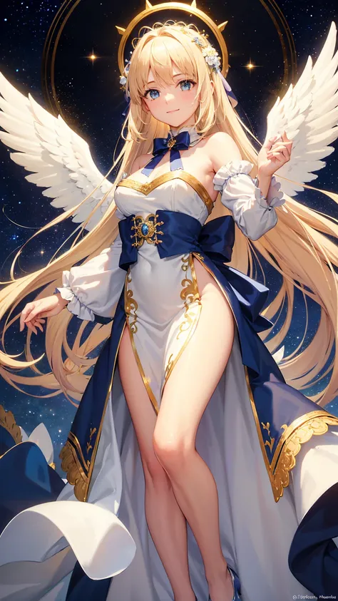 An angelic character with flowing blonde hair, Decorated with blue roses and gold.   She wears a delicate blue and white dress，Decorated with ruffles and ribbons. Her costume included a halo and huge white wings,  soft smile，Smile gently，Presenting celesti...