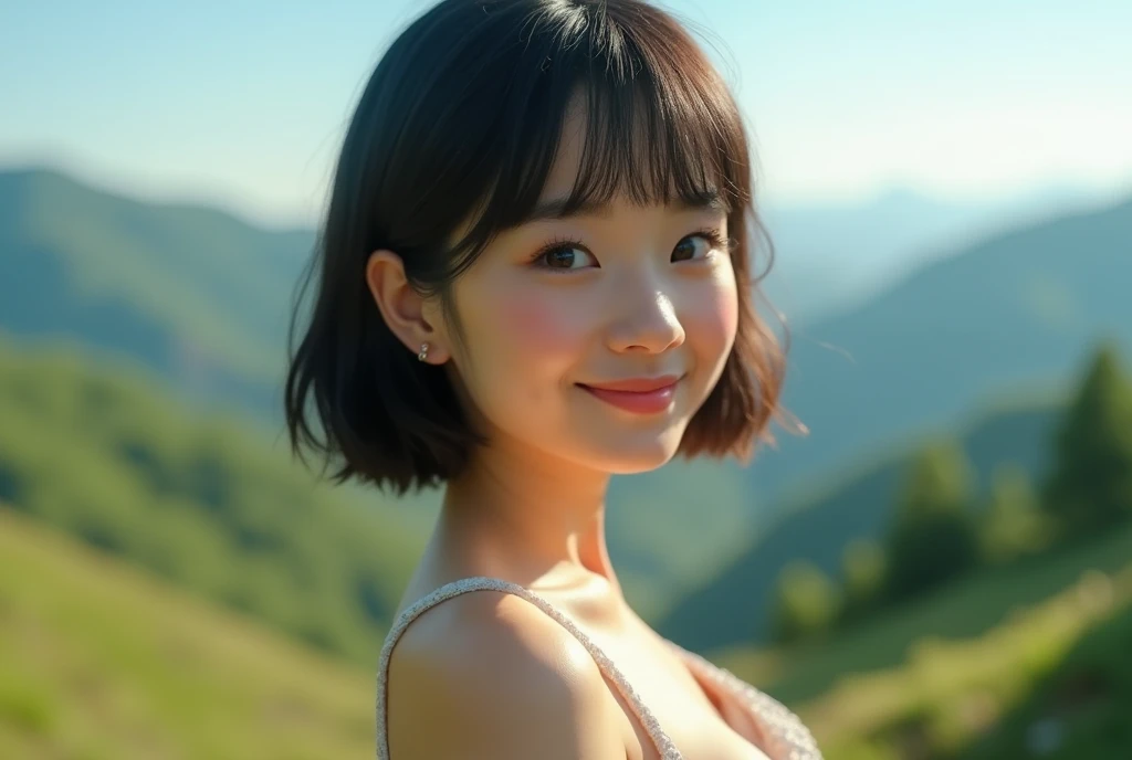 in 8K、top-quality、​masterpiece:1.2)、1 woman、(Smiling smile:1.1)、beautidful eyes、Valley、The upper part of the body、shorth hair、Like a boy、Colossal tits、Blue View、