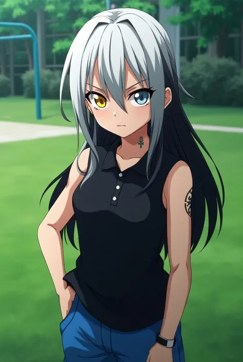  Anime girl Boku no Héro Academia  , With long straight hair half right white and half left black, piel Blanca, left eye yellow and right eye light blue ,Neck tattoo on the right side , serious expression , He has a black sleeveless polo shirt and blue spo...