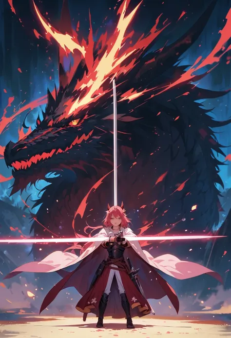 strong emotions, Sakura, dragon, short hair, light, focus, dragon Tamer, full body , horns on head, com um filhote de dragon ns braços, full ,body , half Lightersaber sword blade,heavy armor,  tall , one sword 