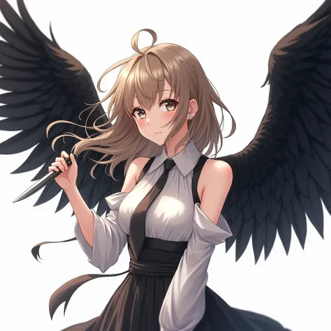 Anime female angel with black wings and light brown hair holding a knife on a white background from the belly up