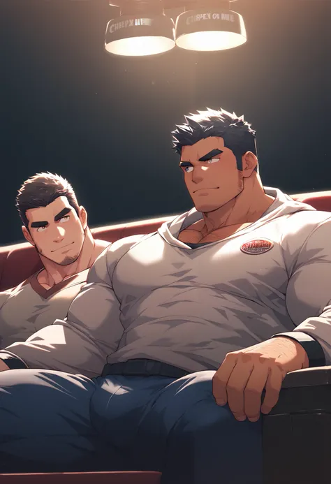 Masterpiece, best quality, male, Japanese, black hair, muscular, beefy, thick eyebrows, hairy, dark skin, cinema, dark room, seat, two men, bulge appeal, sideways glance, eye contact