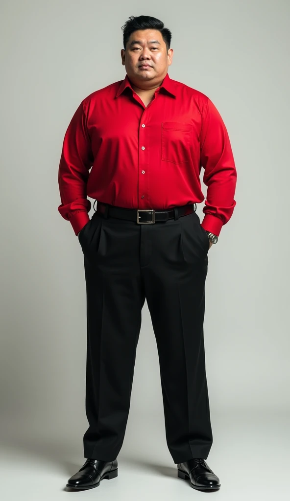 Full-body photo of a large, muscular Asian man wearing a red collared shirt with a pocket on the chest, black pants, and shiny black leather shoes.