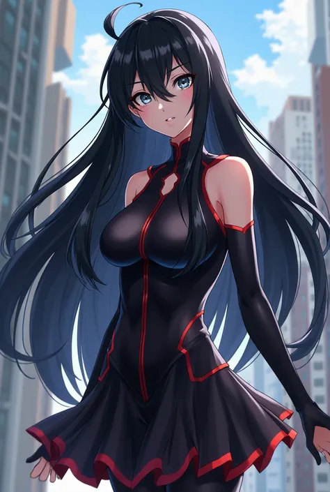 A female character from the anime Boku no Hero Academia with long black hair 