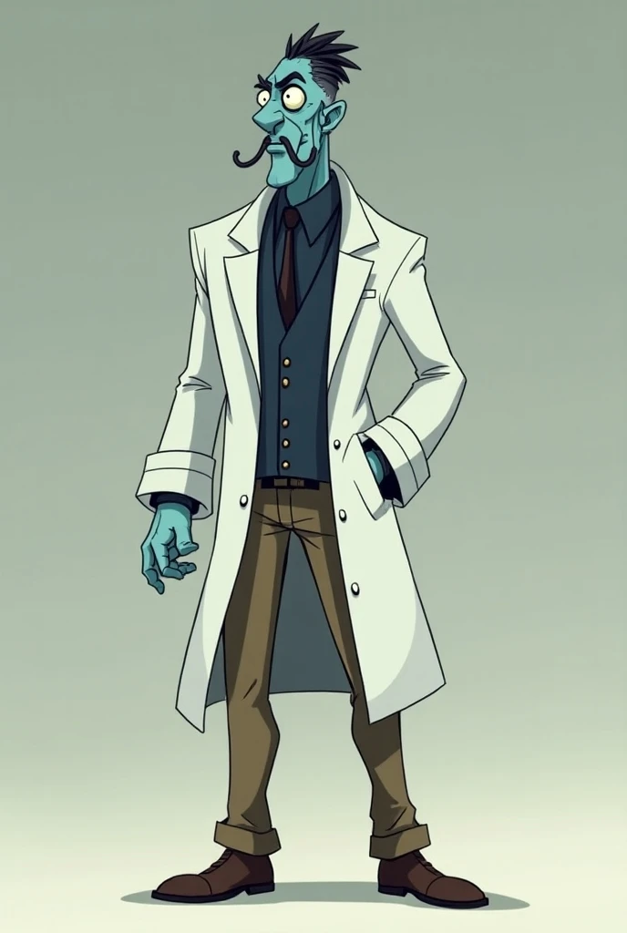 Dr Nefarious Tropy, tall man, skinny, with cold light blue skin, with short black hair, with two straight round beards on his chin, wearing his white lab jacket, wearing light brown gloves, white lab pants, wearing his light brown boots, standing, in anima...