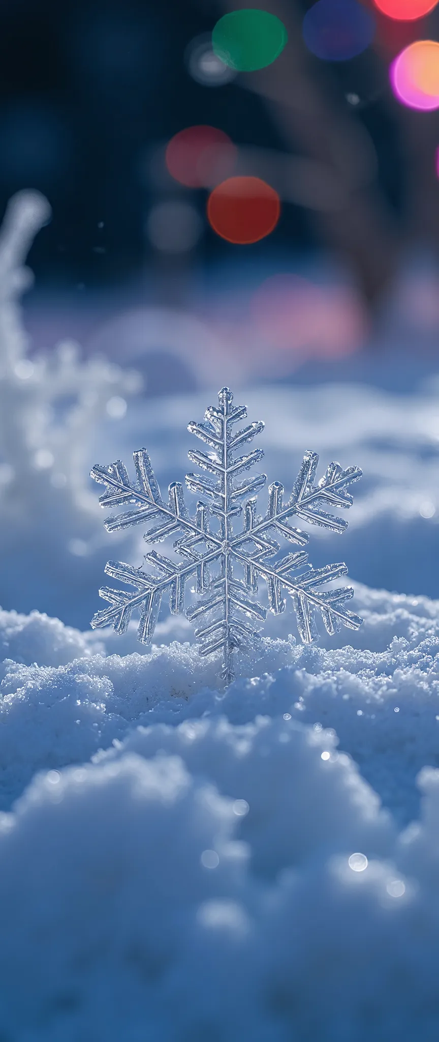 super Close-up of beautiful snowflake\(reflecting beautiful colorful cosmic lights\). very carefully described. very high resolution photo. Great focus. great bokeh. the most beautiful photo in the world.great camera work,dynamic camera work,great angle,very beautiful lighting.