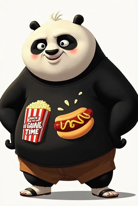 Po from kung fu Panda wearing a black shirt with the subtitles saying Snack time is game time with a picture of a box of buttered popcorn on it and another with a hotdog with mustard 