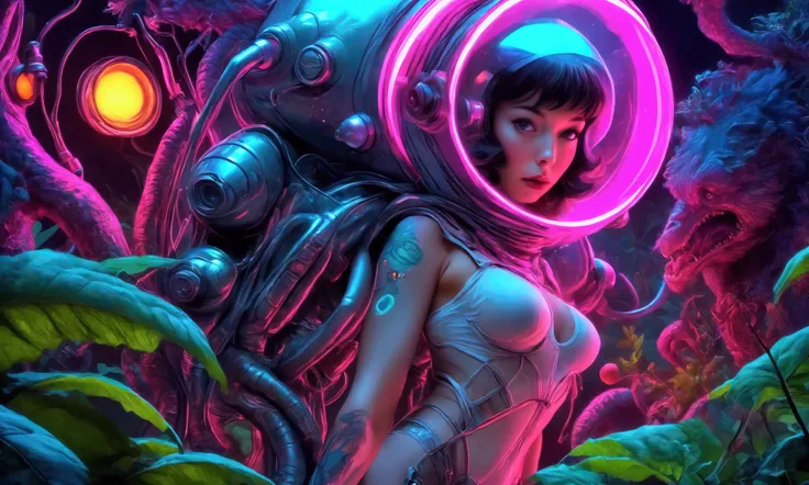 a cute woman (sexy space explorer lingerie, lit neon trim, bubble helmet, science tools) is examining plants and animals on an alien forest world, her 50s rocket ship nearby, a tentacle rape beast in shadows
