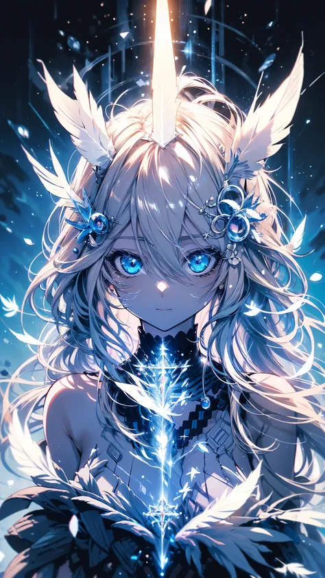 4K quality:1.2,Super beautiful illustration :1.2,Seraph,(( six white feathers on the back)), blonde girl ,Long hairstyle ,(( beautiful cobalt blue eyes :1.2)),Invalid