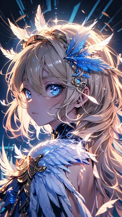 4K quality:1.2,Super beautiful illustration :1.2,Seraph,(( six white feathers on the back)), blonde girl ,Long hairstyle ,(( beautiful cobalt blue eyes :1.2)),Invalid