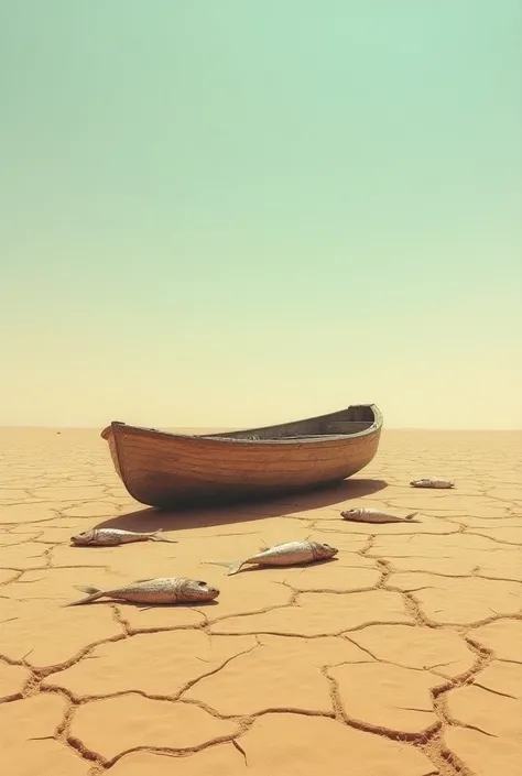 a boat in a desert with dead fish nearby