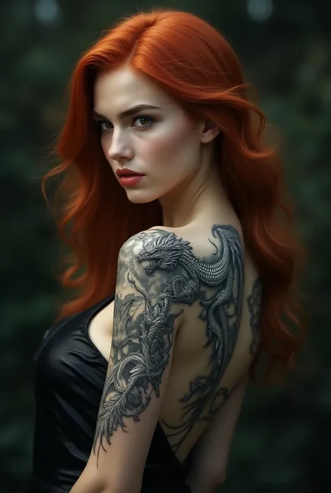 red-haired woman with a silver tattoo of a dragon with outstretched wings on her back, from the neck to the lower back
