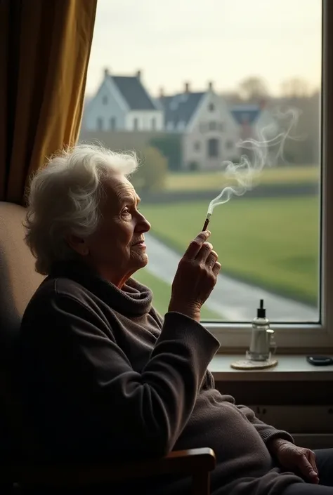 a 96-year-old lady in Amsterdam watching a landscape and smoking.