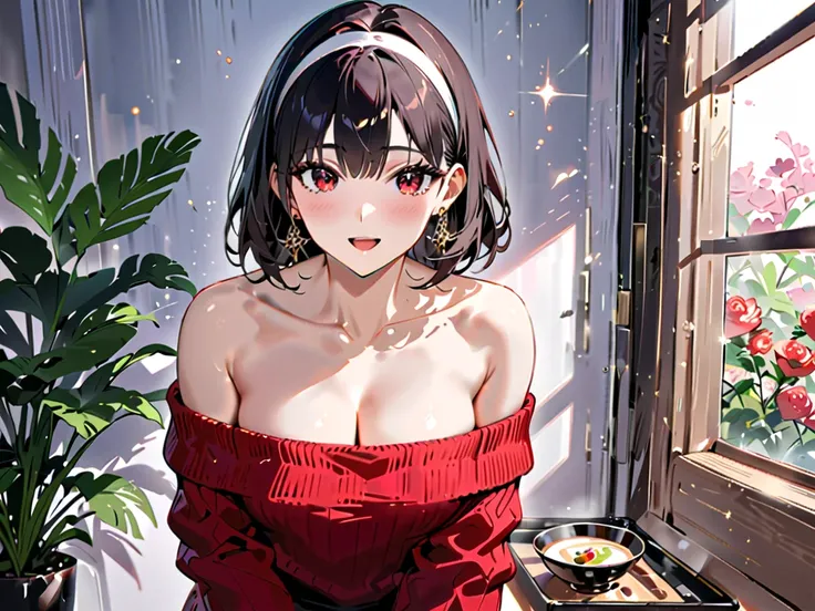  masterpiece, 1girl, Amazing Cleavage:1.3, thin waist, big ass, Raised sexy, medium breast:1.3,posed cleavage:1.2,solo, looking at viewer, open mouth, have a cup of coffee,black hair, red eyes, dress, bare shoulders, jewelry, collarbone, sidelocks, hairban...