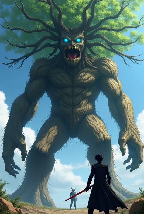 A 90 meters tall tree with 2 legs and muscular with hollow eye that glows blue with wooden teeth opened and eren using his odm gear and Holding his blade ready to fight eren has red eyes and is wearing a black and long military uniform similar to a samorai...