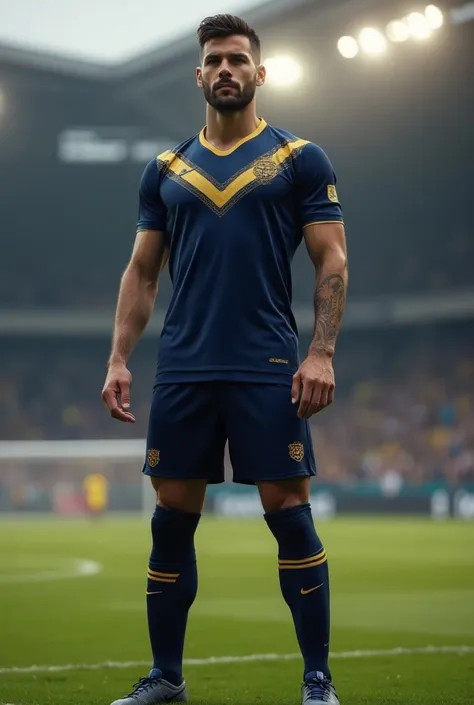 Create soccer uniform colors navy blue and gold v-neck and cool mens stripe