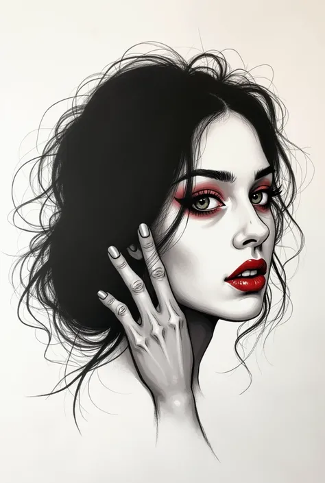 The visual effect of the silhouette ， drawing lipstick on the side of her face ，Sketch of an ugly woman with a hand ， fingers，Combining the image of a hand with American characters，Overall simple and abstract style