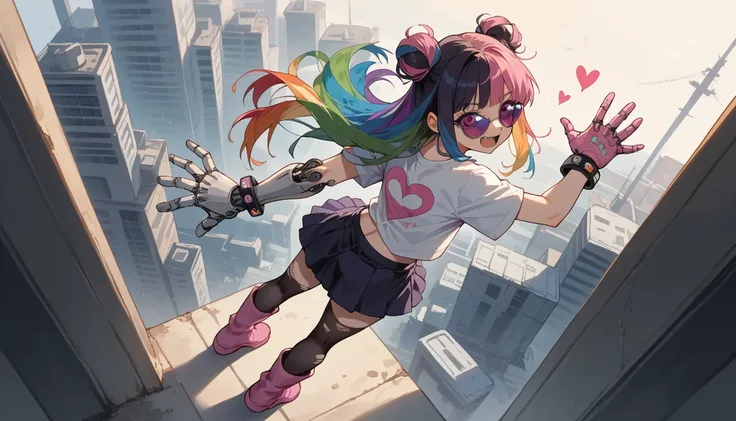 Woman with two long hair buns, rainbow-colored hair, purple sunglasses, super happy and crazy, cyborg girl, light t-shirt, steel tits, gloves with led light, robotic hands, multicolored bracelets, short emo skirt with stars and hearts, kawaii skirt, torn s...