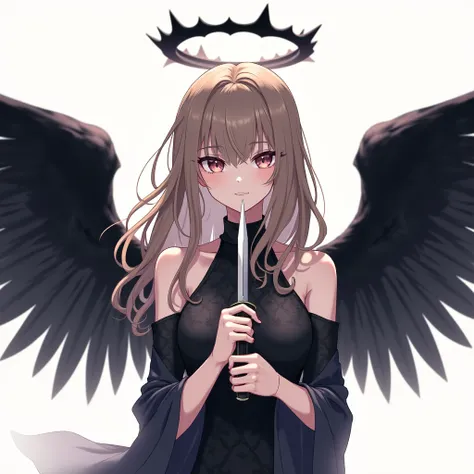 Anime female angel with a black halo and wings and light brown hair holding a knife on a white background from the belly up