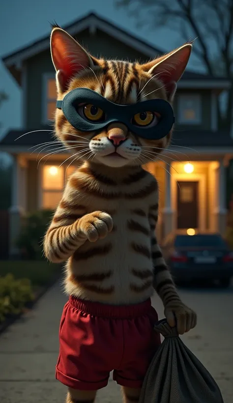 "A brown cat wearing a black mask and red shorts, holding a sack with one hand, standing outside a house at night. The cat has a serious expression, with the background showing a house with lights on and a parked car. The scene is highly detailed and reali...