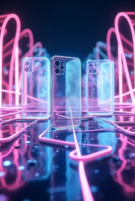 Digital glass iphones with colorful neon lines on background with white color flowing and spiral lines futuristic style martian technology