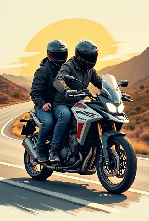 Logo, couple on motorbike travelers ,  on a V-strom motorcycle with helmet, in the background a road