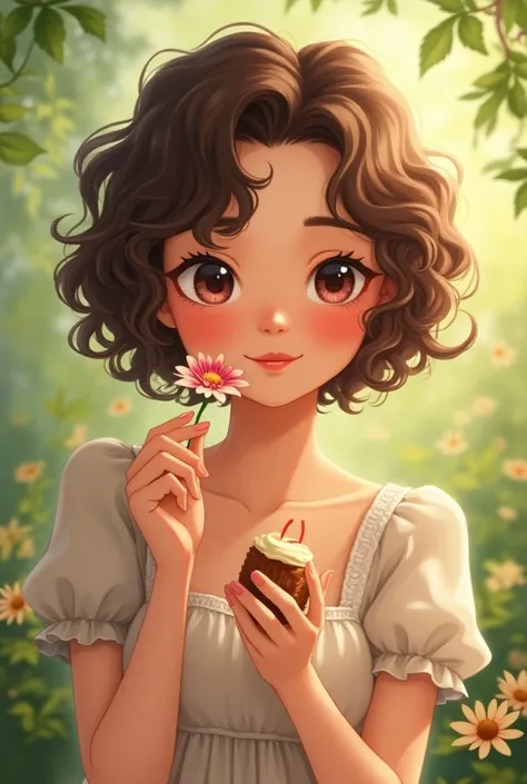 A cute curly brunette , eating a candy and holding a flower